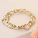 3PCS - Quatrefoil Pointed Pearl Metal Ball Beaded Stretch Multi Layered Bracelets