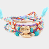 3PCS - Metal Puka Shell Pointed Aztec Pattern Thread Braided Metal Charm Pointed Adjustable Multi Beaded Stretch Bracelets