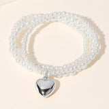 3PCS - Metal Heart Charm Pointed Pearl Beaded Stretch Multi Layered Bracelets