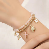 3PCS - Cross Flower Star Sunburst Charm Pearl Metal Ball Faceted Beaded Stretch Multi Layered Bracelets