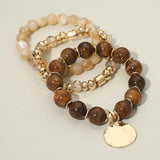 3PCS - Hammered Metal Disc Charm Accent Beaded Stretch Multi Layered Bracelets