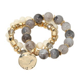 3PCS - Hammered Metal Disc Charm Accent Beaded Stretch Multi Layered Bracelets