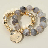 3PCS - Hammered Metal Disc Charm Accent Beaded Stretch Multi Layered Bracelets