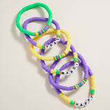 6PCS - HAPPY MARDI GRAS Message Heishi Beaded Stretch Multi Layered Bracelets
