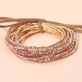 12PCS Ribbon Colorful Rhinestone Layered Stretch Bracelets