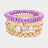4PCS - Textured Metal Ball Heishi Beaded Stretch Bracelets