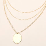 Metal Oval Disc Pendant Triple Layered Chain Necklace