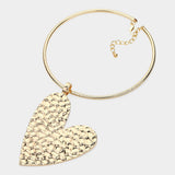 Textured Metal Heart Pendant Statement Necklace