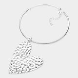 Textured Metal Heart Pendant Statement Necklace