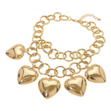 Bold Puffy Metal Heart Charm Station Linked Chain Layered Statement Necklace