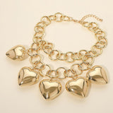 Bold Puffy Metal Heart Charm Station Linked Chain Layered Statement Necklace