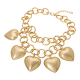Bold Puffy Metal Heart Charm Station Linked Chain Layered Statement Necklace