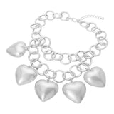 Bold Puffy Metal Heart Charm Station Linked Chain Layered Statement Necklace