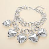 Bold Puffy Metal Heart Charm Station Linked Chain Layered Statement Necklace