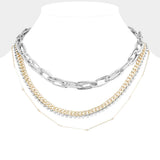 Layered Rhinestone Metal Chain Link Necklace