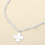 Brushed Hammered Metal Cross Pendant Beaded Chain Necklace