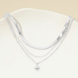 White Gold Dipped Sunburst Charm Pendant Herringbone Chain Layered Necklace