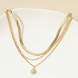 18K Gold Dipped Zodiac Moon Sunburst Coin Pendant Accent Herringbone Chain Layered Necklace