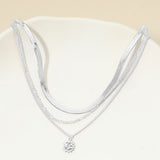 White Gold Dipped Zodiac Moon Sunburst Coin Pendant Accent Herringbone Chain Layered Necklace
