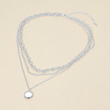 White Gold Dipped Polished Round Pendant Accent Mixed Chain Layered Necklace