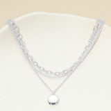 White Gold Dipped Polished Round Pendant Accent Mixed Chain Layered Necklace