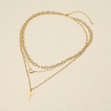 18K Gold Dipped Cross Pendant Heart Charm Accent Mixed Chain Layered Necklace