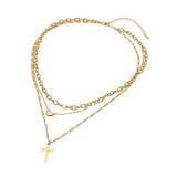 18K Gold Dipped Cross Pendant Heart Charm Accent Mixed Chain Layered Necklace