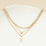 18K Gold Dipped Cross Pendant Heart Charm Accent Mixed Chain Layered Necklace