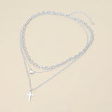 White Gold Dipped Cross Pendant Heart Charm Accent Mixed Chain Layered Necklace