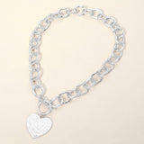 Hammered Metal Heart Charm Chunky Chain Toggle Necklace