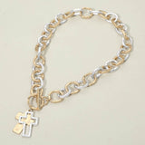 Hammered Layered Cross Pendant Chunky Chain Toggle Necklace