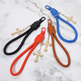 Cross Charm Drop Faux Leather Wristlet Keychain Bag Charm