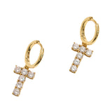 14K Gold Dipped T-Shaped CZ Stone Cluster Charm Dangle Huggie Hoop Earrings