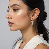 14K Gold Dipped T-Shaped CZ Stone Cluster Charm Dangle Huggie Hoop Earrings