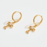 14K Gold Dipped Center CZ Stone Pave Cross Charm Drop Mini Huggie Hoop Earrings