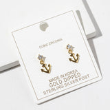 Gold Dipped CZ Accent Anchor Charm Drop Dangle Earrings
