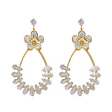 Gold Dipped CZ Flower Accent Baguette Stone Cluster Embellished Teardrop Drop Earrings