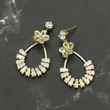 Gold Dipped CZ Flower Accent Baguette Stone Cluster Embellished Teardrop Drop Earrings