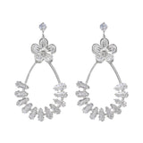 White Gold Dipped CZ Flower Accent Baguette Stone Cluster Embellished Teardrop Drop Earrings