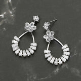 White Gold Dipped CZ Flower Accent Baguette Stone Cluster Embellished Teardrop Drop Earrings