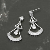 White Gold Dipped Teardrop CZ Cluster Accent Fan Drop Earrings