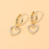 Stone Pave Open Heart Charm Drop Dangle Huggie Hoop Earrings