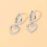 Stone Pave Open Heart Charm Drop Dangle Huggie Hoop Earrings