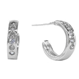 White Gold Dipped Round CZ Channer Mini Open Hoop Earrings