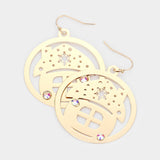 Stone Embellished Cutout Christmas House Brass Metal Round Dangle Earrings