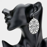 Stone Embellished Brass Metal Patterned Oval Dangle Earrings