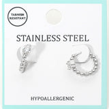 Stainless Steel Solitaire Accent Beaded Mini Huggie Hoop Earrings
