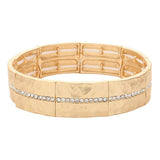 Stone Paved Line Center Pointed Hammered Metal Stretch Bracelet