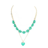 Enamel Heart Pendant Flower Link Double Layered Necklace