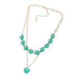 Enamel Heart Pendant Flower Link Double Layered Necklace